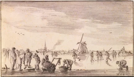 Paisaje invernal con patinadores y pescadores