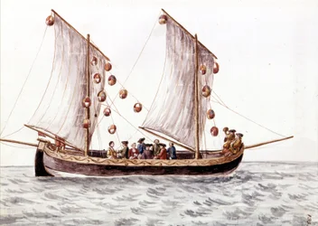 Un trabac veneciano con linternas, barco de pesca utilizado en aguas poco profundas como el mar Adriático. Dibujo en acuarela y tinta del manuscrito “Costumbres de los venecianos” de Jan van Grevenbroeck (o Giovanni Grevembroch) (1731-1807)