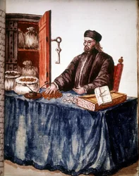 Un banquero en Venecia. Dibujo en acuarela y tinta del manuscrito "Costumbres de los venecianos" de Jan van Grevenbroeck (o Giovanni Grevembroch) (1731-1807)