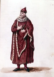 Un dogo en el siglo XI. Dibujo en acuarela y tinta del manuscrito “Costumbres de los venecianos” por Jan van Grevenbroeck (o Giovanni Grevembroch) (1731-1807)