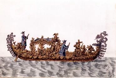 Una góndola real. Dibujo en acuarela y tinta del manuscrito "Costumbres de los venecianos" de Jan van Grevenbroeck (o Giovanni Grevembroch) (1731-1807)