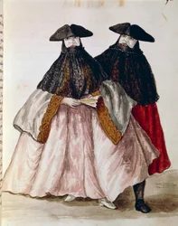 Personajes de carnaval en Venecia, ilustración del libro ilustrado de trajes venecianos, por Jan Grevenbroeck, acuarela, Italia