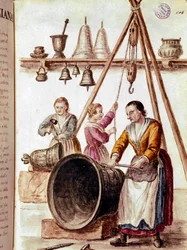 Artesanía: el fabricante de campanas. Acuarela y tinta de un manuscrito de Jan van Grevenbroeck