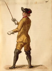 Caballero en traje de montar, de Gli Abiti de Veneziani, libro ilustrado de trajes, acuarela