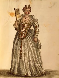 Dama en vestido de noche, de Gli Abiti de Veneziani, libro ilustrado de trajes, acuarela
