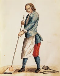 Soplador de vidrio de Murano, ilustración del libro ilustrado de trajes venecianos, por Jan Grevenbroeck, acuarela