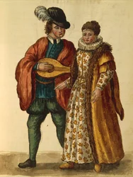 Gli Abiti de Veneziani, libro ilustrado de trajes y máscaras, acuarela