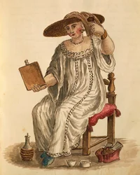 Dama maquillándose, Gli Abiti de Veneziani, de libro ilustrado de trajes