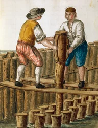 Colocación de los cimientos de la laguna veneciana, ilustración de Jan van Grevenbroeck del manuscrito 