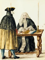 Magistrado jugando a las cartas con hombre enmascarado, por Jan Grevenbroeck (1731-1807), Italia