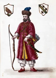 Marco Polo. Dibujo en acuarela y tinta del manuscrito “Costumbres de los Venecianos” de Jan van Grevenbroeck (o Giovanni Grevembroch (Grevenbroch) (1731-1807)
