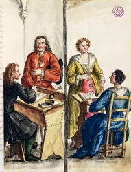 Agencia matrimonial, ilustración del libro ilustrado de trajes venecianos, por Jan Grevenbroeck (1731-1807), acuarela, Italia