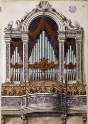Huérfanos cantando, órgano del coro de la iglesia del Ospedale della Pietà, Venecia. Dibujo en acuarela y tinta del manuscrito "Costumbres de los Venecianos" de Jan van Grevenbroeck
