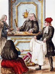 Casa de empeños, ilustración del Libro ilustrado de trajes venecianos, por Jan Grevenbroeck (1731-1807), acuarela, Italia