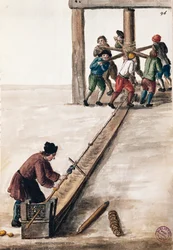 Procesamiento de varillas para menta, ilustración del libro ilustrado de trajes venecianos, por Jan Grevenbroeck (1731-1807), acuarela, Italia