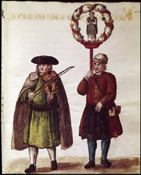 Celebración religiosa de la canonización de un santo. Dibujo en acuarela y tinta del manuscrito "Costumbres de los Venecianos" de Jan van Grevenbroeck