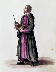 Representación de un arquitecto naval, sostiene en sus manos el modelo en miniatura del barco que construyó (detalle). Dibujo en acuarela y tinta del manuscrito “Costumbres de los venecianos” de Jan van Grevenbroeck (o Giovanni Grevembroch) (1731-1807)