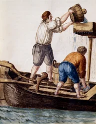 Filtrando aguas del canal en busca de objetos perdidos, ilustración del libro ilustrado de trajes venecianos, por Jan Grevenbroeck, acuarela