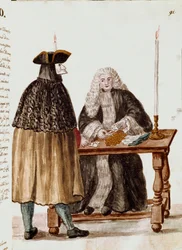 La sala de juegos: un personaje enmascarado frente al crupier sacando cartas, se recogen monedas en la mesa. Dibujo en acuarela y tinta de un manuscrito de Jan van Grevenbroeck (o Giovanni Grevembroch) (1731-1807)