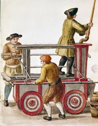 Uso de una bomba de agua o bomba hidráulica. Acuarela y tinta de un manuscrito de Jan van Grevenbroeck
