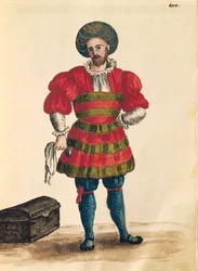 Ropa veneciana: viajero veneciano, de Gli Abiti de Veneziani, libro ilustrado de trajes, acuarela