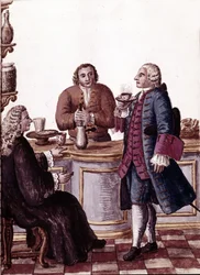 Nobles venecianos tomando café, uno de ellos disfrutando de un chocolate. Dibujo en acuarela y tinta del manuscrito “Costumbres de los Venecianos” de Jan van Grevenbroeck (o Giovanni Grevembroch)