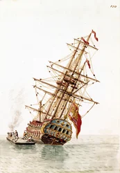 Un barco veneciano derribado en el casco para ser reparado. Dibujo en acuarela y tinta del manuscrito “Costumbres de los venecianos” de Jan van Grevenbroeck (o Giovanni Grevembroch (Grevenbroch) (1731-1807)