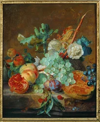 Flores y frutas (pintura sobre lienzo)
