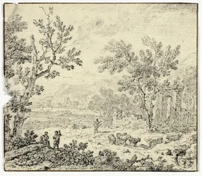 Paisaje con cabras, cabrero y ruinas