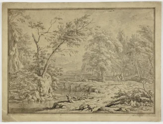 Paisaje con pastores junto al río y hombre a caballo