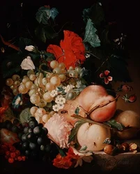 Flores mixtas y frutas con insectos en un pedestal de mármol