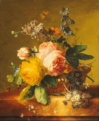 Rosas y otras flores en una canasta sobre un borde de mármol, c.1742