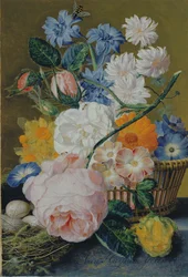 Rosas, gloria de la mañana, narcisos, áster y otras flores en una canasta, con huevos en un nido sobre un borde de mármol, 1744