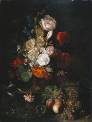 Naturaleza muerta: Flores y frutas, c.1700-20 (óleo sobre tabla)