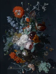 Naturaleza muerta de flores y frutas