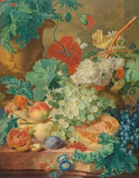 Bodegón con flores y frutas