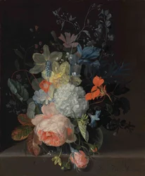 Jarrón de flores sobre repisa, con una rosa, una bola de nieve, narcisos e iris