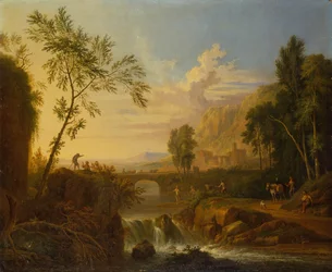 Paisaje boscoso con una pareja de campesinos junto a una tumba y pescadores junto a una cascada (óleo)
