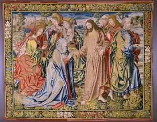 Tapiz flamenco. Serie El cielo de Carlos V. Cristo se despide de su Madre (Despedida de Cristo/Cristo se despide de su madre). El dibujante Jan van Coninxloo. Fabricación de Julien Portois, Mechelen (Malines). alrededor de 1521.