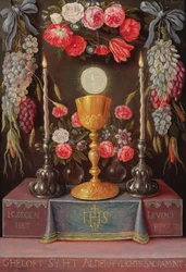 Un cáliz con la Eucaristía en un cartucho decorado con flores y frutas, c.1664