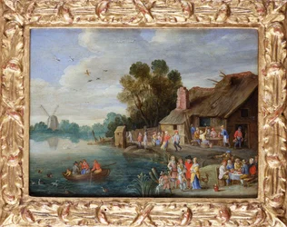 Paisaje fluvial con nobles en una posada de pueblo