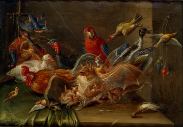 Composición decorativa de naturaleza muerta con pájaros y dos murciélagos, mediados del siglo XVII
