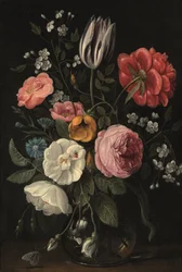 Rosas, un tulipán, una peonía, un cerezo en flor y un centauro en un jarrón de cristal sobre una repisa (óleo sobre cobre)