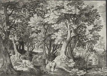 Paisaje con el profeta desobediente siendo devorado por un león