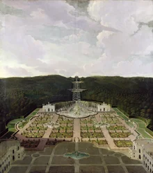 Vista desde el jardín y la gruta al pie de las cascadas hasta el octágono, después de 1716