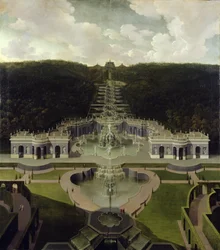 Vista desde la gruta con fuentes desde las cascadas hasta el octágono, después de 1716