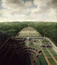 Vista del complejo de Karlsberg desde las cascadas y jardines hasta el octágono, después de 1716