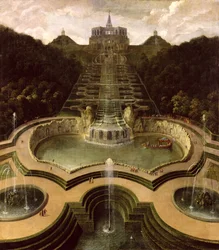 Vista del octágono sobre las cascadas y las piscinas de Neptuno, después de 1716