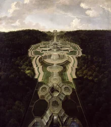 Vista sobre la gran plaza con templo al comienzo del segundo tercio de las cascadas hasta el octágono, después de 1716