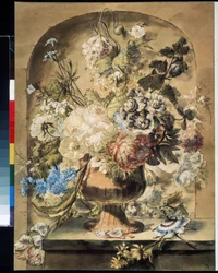 ""Naturaleza muerta con flores"" Acuarela de Jan van Os (1744-1808) Museo Pushkin del siglo XVIII, Moscú